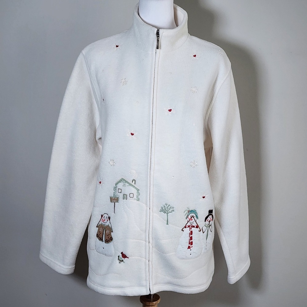 Northern Reflections Snowman Fleece Jacket Womens Large White Embroidered Winter
